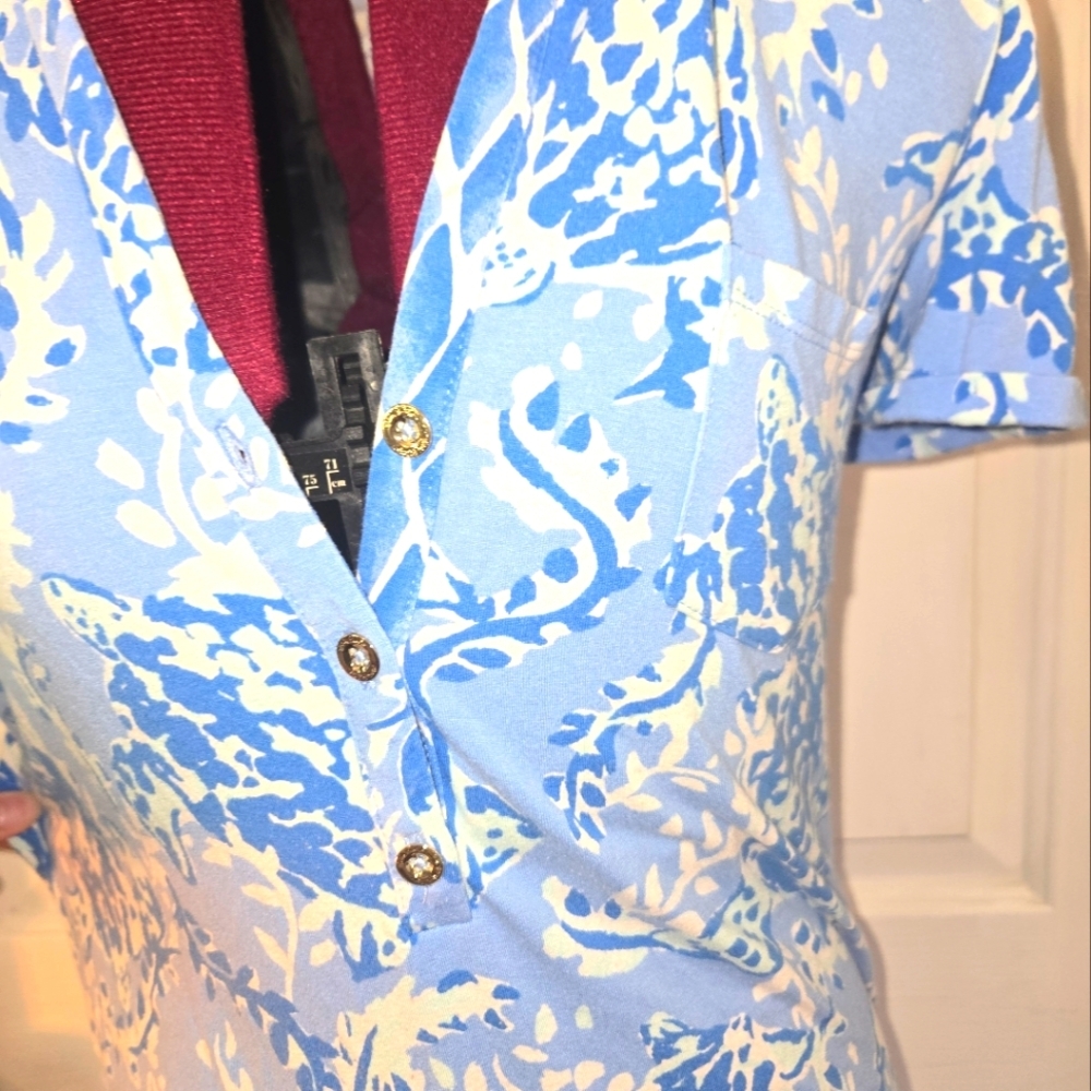 Lilly Pulitzer Sadie Polo Dress Blue Peri Turtley White Gold Buttons XS - Picture 3 of 10